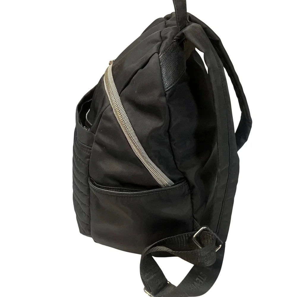 Steve Madden Black Nylon Backpack B-SALLY Logo Straps Silver Hardware Womens EUC